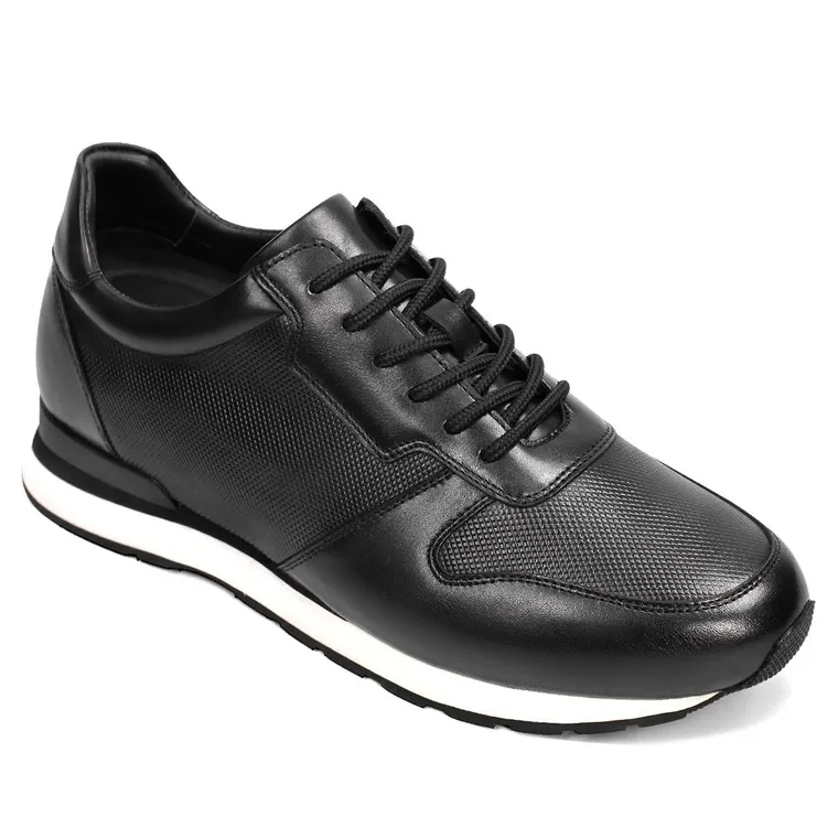 Height Increasing Shoes For Men - Black Leather Men's Casual Sneakers 3.15 inches / 8CM
