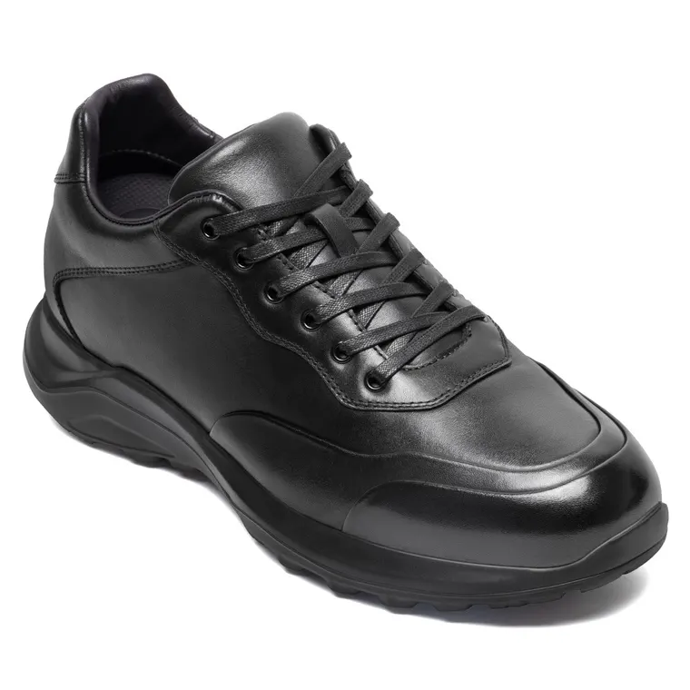 Men's Height Increasing Sneakers - Black Leather Hidden Heel Shoes 8CM / 3.15 Inches