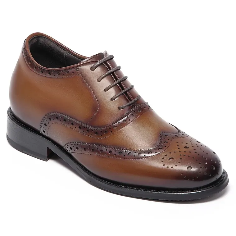 Men's Elevator Dress Shoes - Brown Leather Wingtip Brogue Oxford 7CM / 2.76 Inches