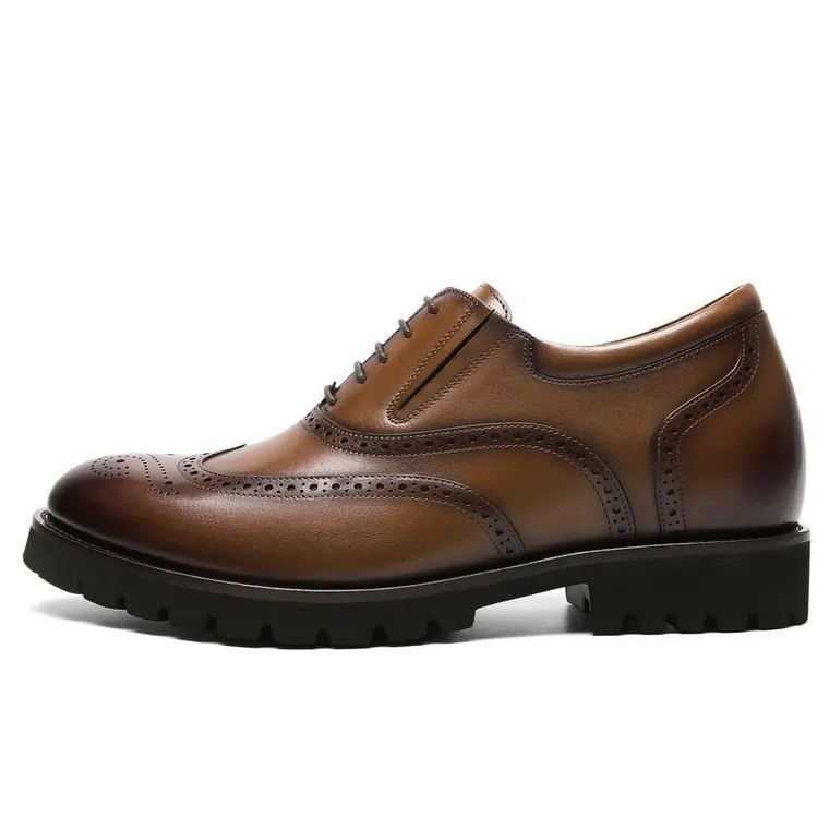 Men's Elevator Dress Shoes - Brown Leather Brogue Oxford Shoes 8CM / 3.15 inches