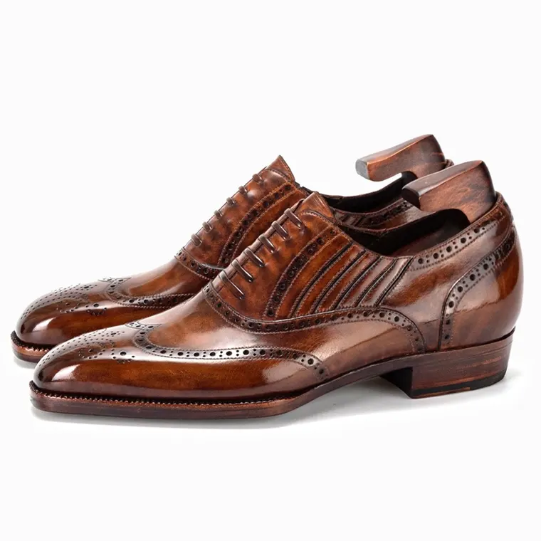 Men's Elevator Shoes 6CM / 2.36 Inches | Brogue Coffee Leather Oxford Shoes Fiddleback Waist