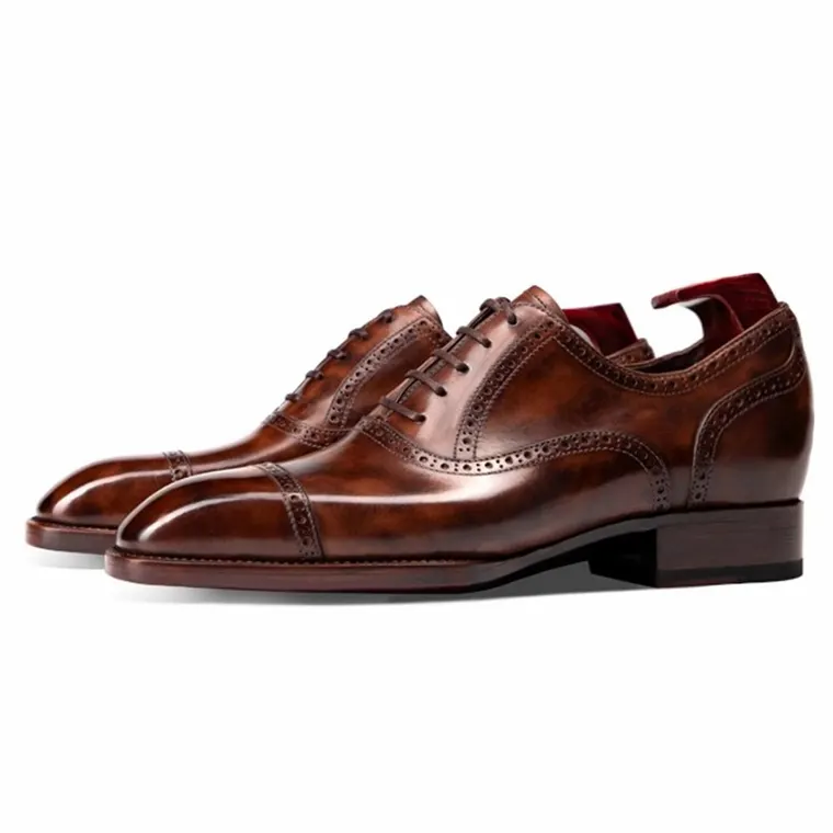 Elevator Dress Shoes For Men 6CM / 2.36 Inches | Brown Leather Brogue Oxford Shoes Fiddleback Waist