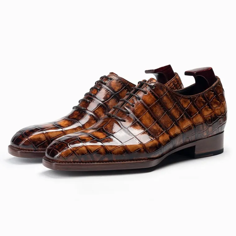 Men's Elevator Formal Shoes 6CM / 2.36 Inches | Brown American Crocodile Leather Oxford Shoes Fiddleback Waist