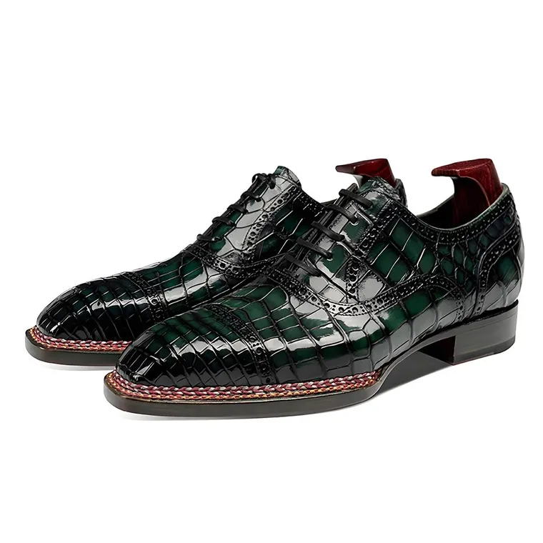 Men's Shoes With Higher Heels 6CM / 2.36 Inches | Norwegian Welt Green Nile Crocodile Leather Dress Shoes