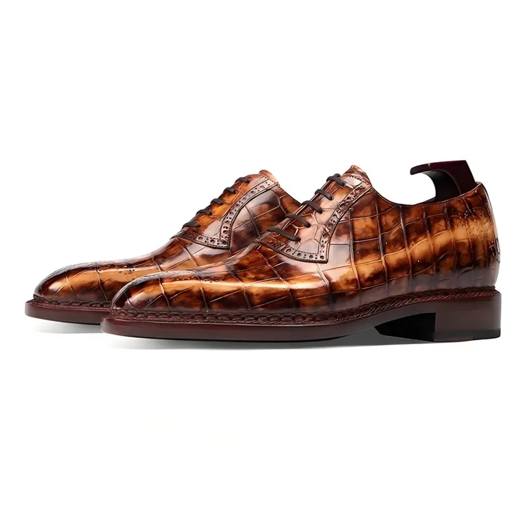 Men's Invisible Height Increase Shoes 6CM / 2.36 Inches | Norwegian Welt Brown Porosus Crocodile Dress Shoes