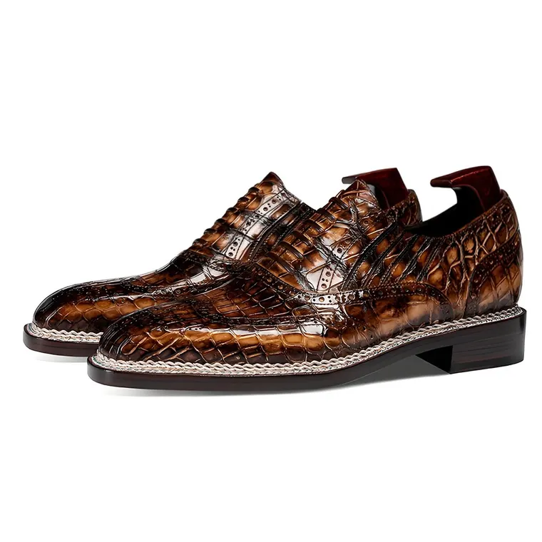 Men's Elevator Shoes 6CM / 2.36 Inches | Norwegian Welt Coffee Nile Crocodile Leather Brogue Formal Shoes