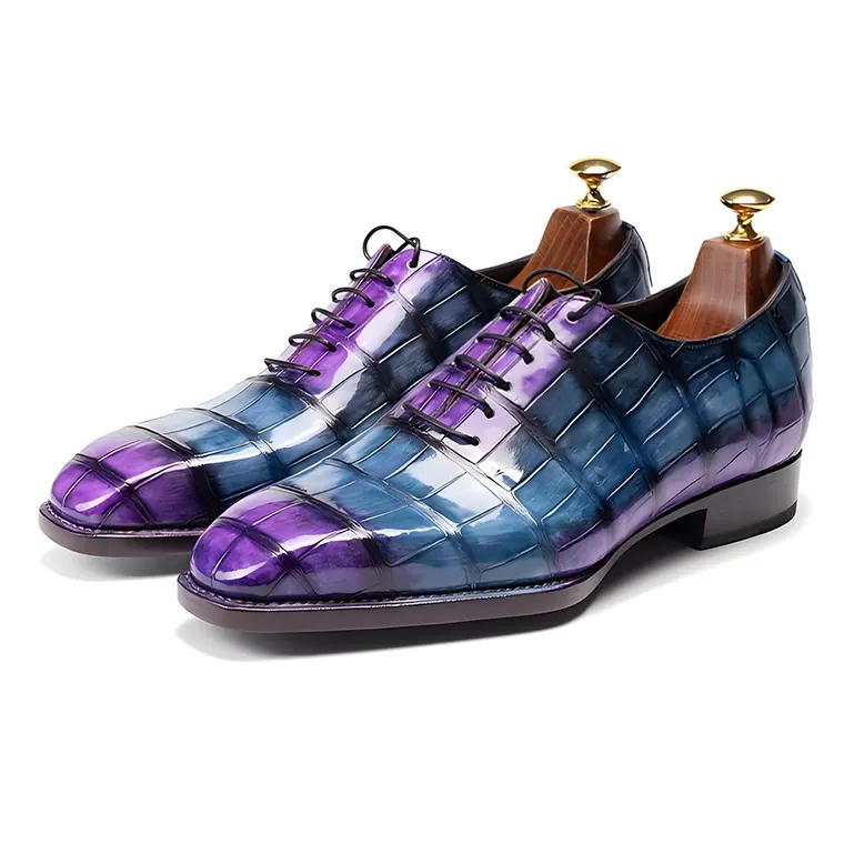 Men's Raised Heel Shoes 6CM / 2.36 Inches | Purple American Crocodile Leather Dress Shoes Fiddleback Waist