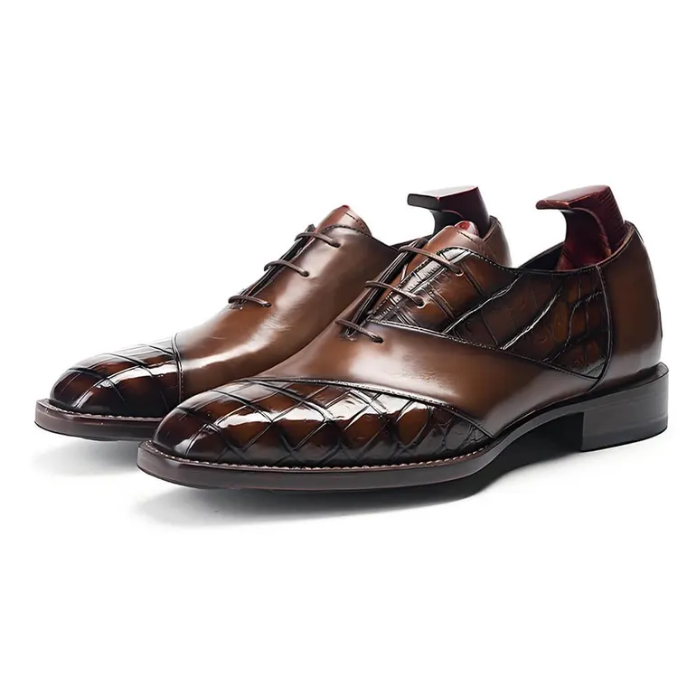 Men's Elevator Dress Shoes 6CM / 2.36 Inches | Coffee Cow &amp; Crocodile Leather Oxfords Fiddleback Waist