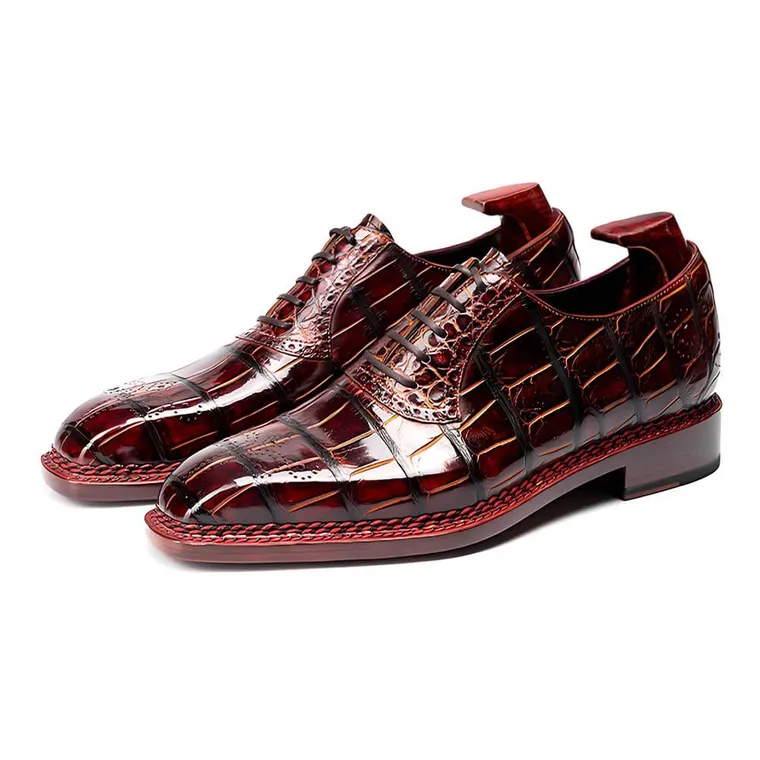 Men's Height Boosting Shoes 6CM / 2.36 Inches | Crimson American Crocodile Leather Wholecut Oxford Shoes Norvegese Welt