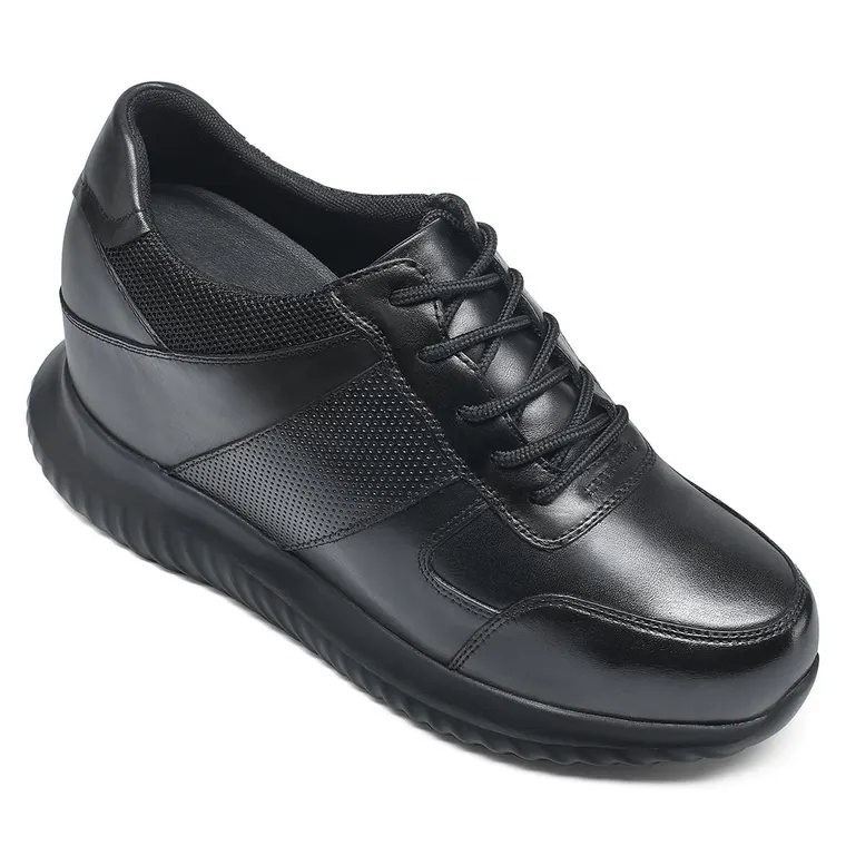 CHAMARIPA elevator sneakers for men black genuine leather shoes to be taller 10CM / 3.94 Inches