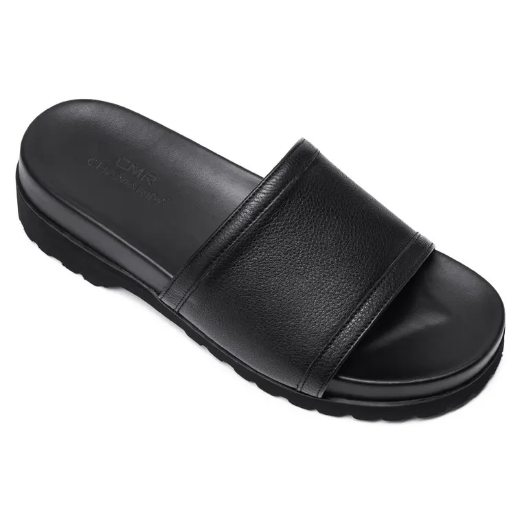 Chamaripa Men Height Increasing Slippers Black Leather High Heel Slide Sandal Fashion Casual elevator slippers Sandals 6CM / 2.36 Inches
