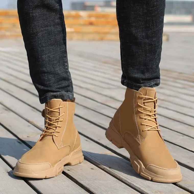 CHAMARIPA elevator boots for men lace-up hidden heel boots brown nubuck leather casual boots 7CM/2.76 Inches