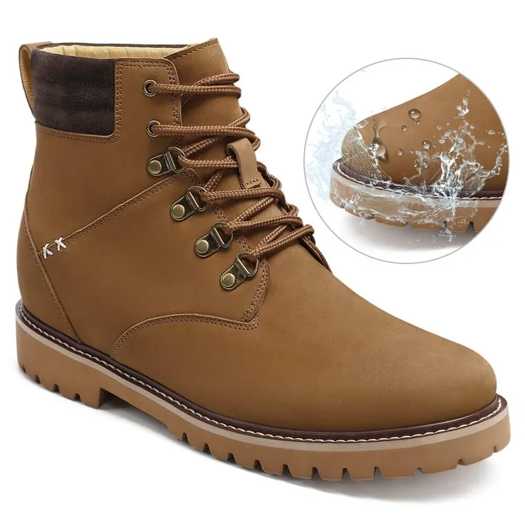 CHAMARIPA men's elevator boots outdoor water resistant brown nubuck leather hiking boots 8CM / 3.15 Inch