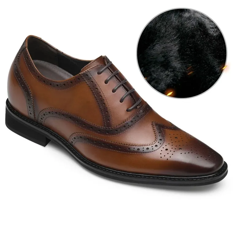 CHAMARIPA Velvet Warm Winter Shoes height shoes premium leather oxford brogues in brown 8CM / 3.15 Inches