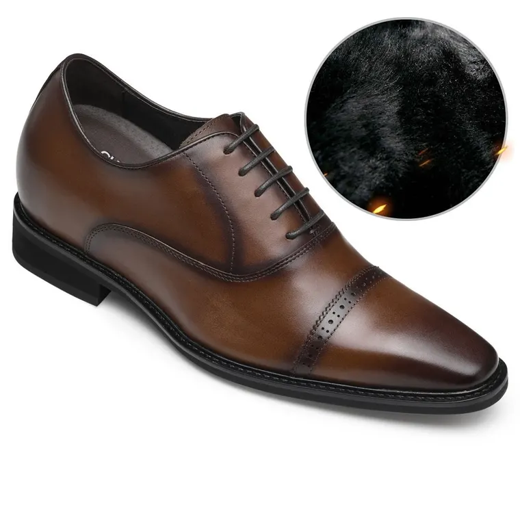 CHAMARIPA Velvet Warm Winter Shoes high heel men dress shoes brogue oxford in brown 8CM / 3.15 Inches