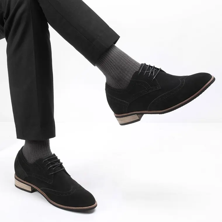 Elevator Shoes - High Heel Men Dress Shoes - Height Increasing Black Suede Wingtip Brogues 8CM / 3.15 Inches