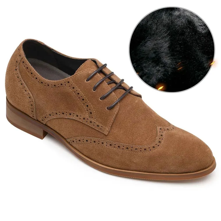 CHAMARIPA tall men shoes - velvet warm winter shoes - brown suede wing tip brogues 7CM /2.76 Inches