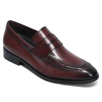 Men's Height Increasing Shoes - Burgundy Leather Elevator Loafers Penny Shoes 5CM / 1.95 Inches
