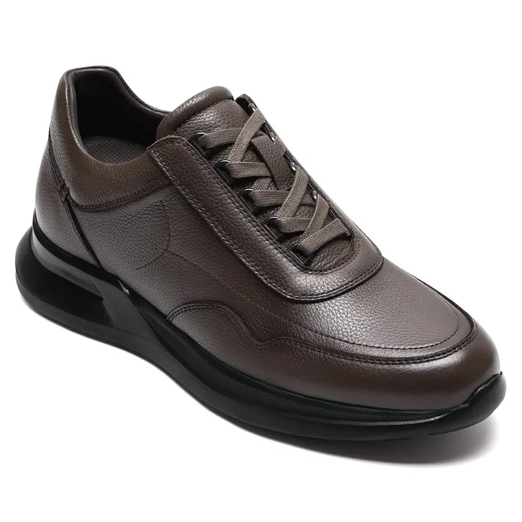 Men's Height Increasing Shoes | Coffee Leather Casual Elevator Sneakers 8CM / 3.15 Inches
