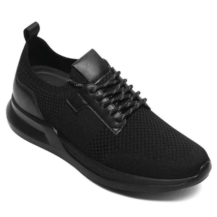 elevator sneakers for men - black Knit Fabric height increasing sports shoes 7CM / 2.76 Inches