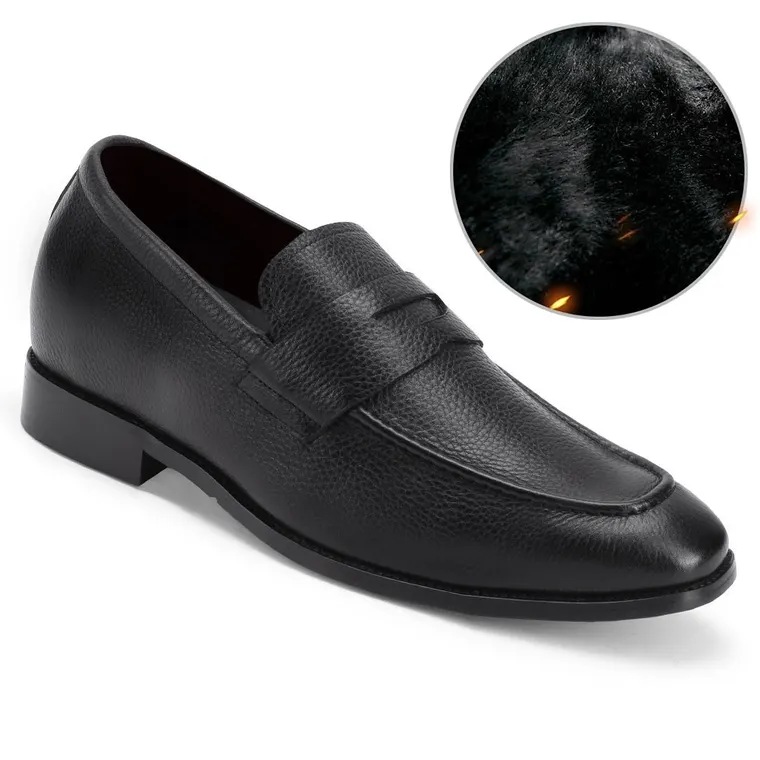 CHAMARIPA elevator shoes for men - velvet warm winter shoes - grain penny loafer - black - 7CM / 2.76 inches taller