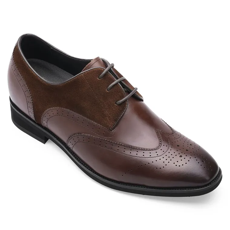 men's raised heel shoes - elevator dress shoes - brown leather business derby shoes 7CM / 2.76 Inches taller