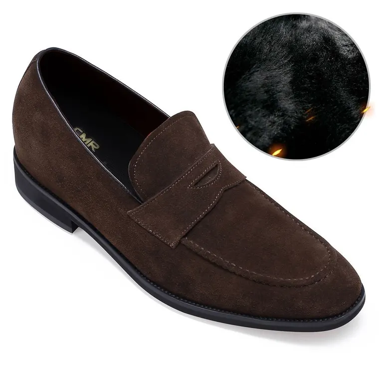 CHAMARIPA - Velvet Warm Winter Shoes - men's elevator shoes - Brown Suede Leather penny loafer - 6 CM/ 2.36 inches taller