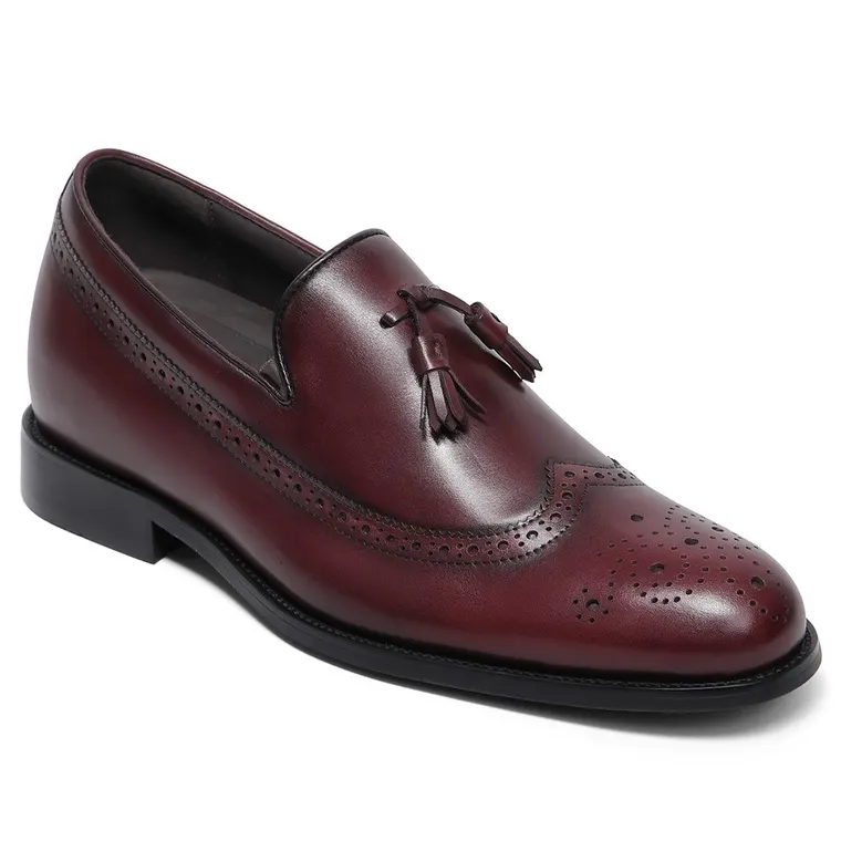 Chamaripa elevator shoes for men business taller shoes Burnished calfskin Longwing brogue tassel loafers Red wine 7CM / 2.76 Inches