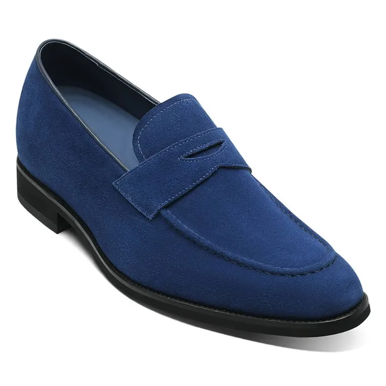 Elevator Loafers - Hidden Heel Shoes For Men - Blue Suede Leather Penny Loafers 7cm / 2.76 Inches