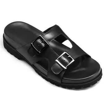 men's height increasing slippers - high heel slippers for men - black cowhide leather elevator sandals 5 CM / 1.95 Inch