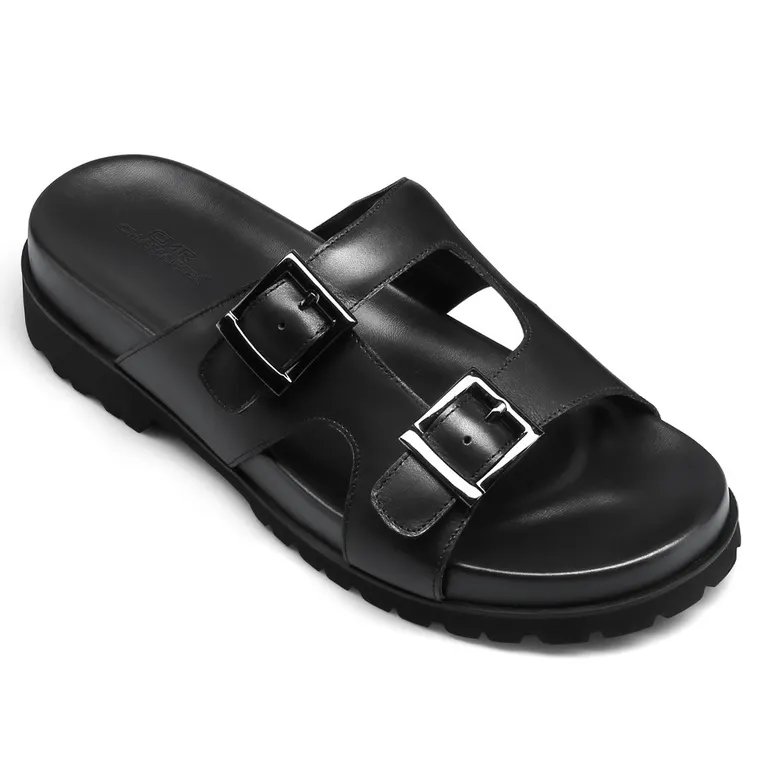 men's height increasing slippers - high heel slippers for men - black cowhide leather elevator sandals 5 CM / 1.95 Inch