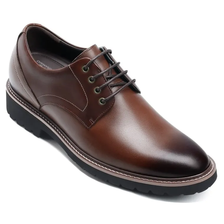 men's elevator dress shoes - formal height increasing shoes - Tan leather derby shoes 8CM / 3.15 Inches Taller