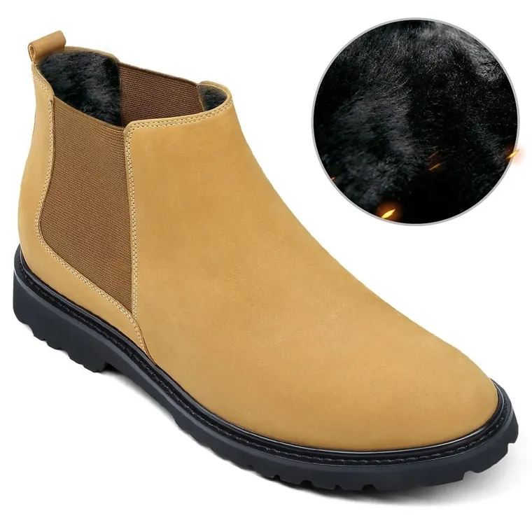 Yellow Nubuck Elevator Shoes Fur Lining Chelsea Boots That Make Men Taller 7 CM / 2.76 Inches