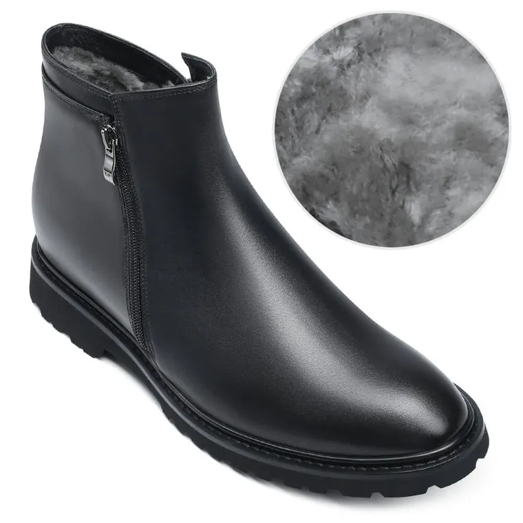 Mens Elevator Boots - Mens Height Increasing Boots - Black Side Zipper Fur Lined Winter Boots 8cm / 3.15 Inches