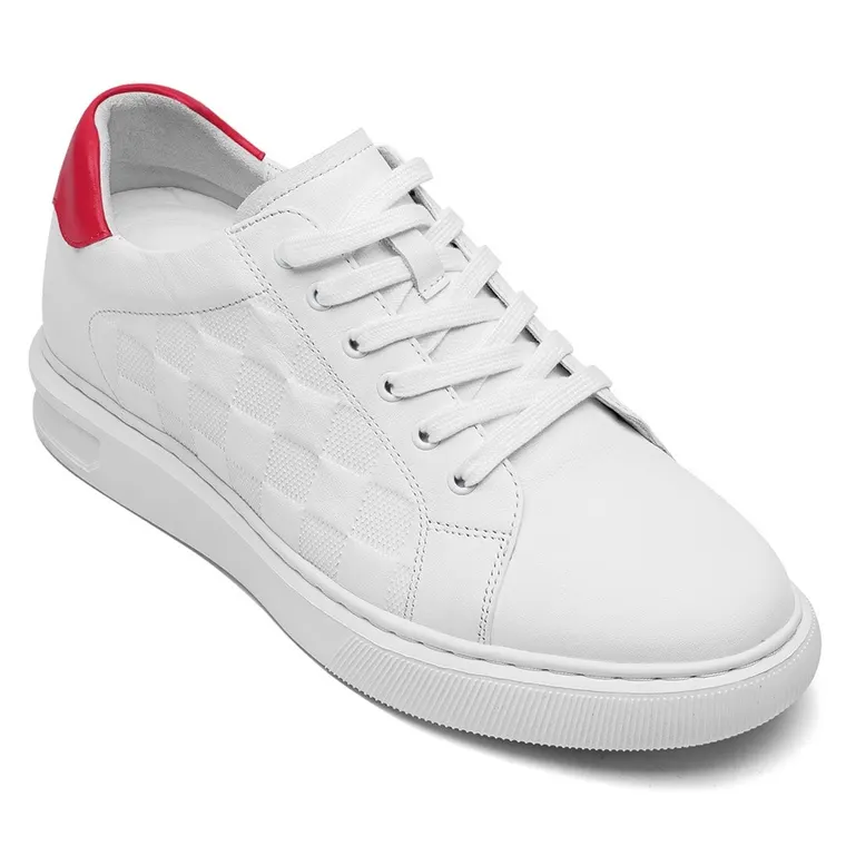 Casual Elevator Shoes For Men - White Cowhide Leather Elevator Sports Shoes 2.76 Inches / 7 CM