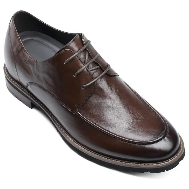 (ships to USA only)Hidden Heel Shoes Mens - Coffee Derby Shoes 7 CM / 2.76 Inches
