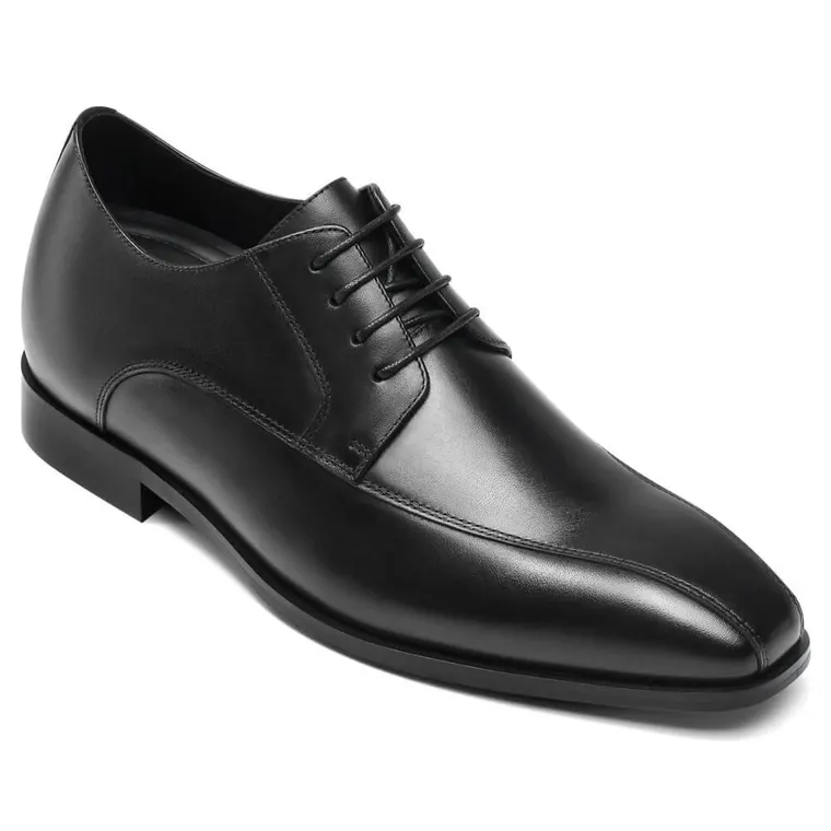 Men's Shoes With Higher Heels - Black Calfskin Derby Shoes - Height Increasing Dress Shoes 2.76 Inches / 7 CM
