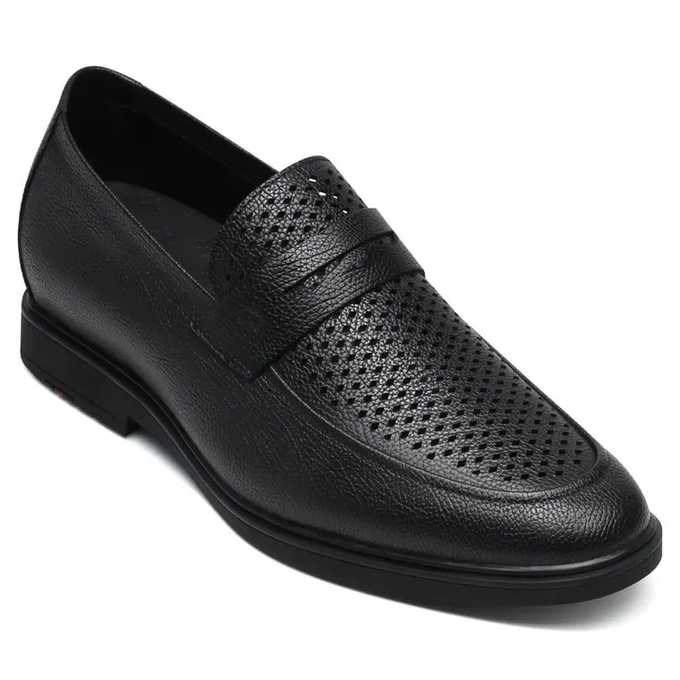 Slip-On Elevator Formal Shoes - Black Cowhide Leather Height Increasing Shoes For Men 1.95 Inches / 5 CM