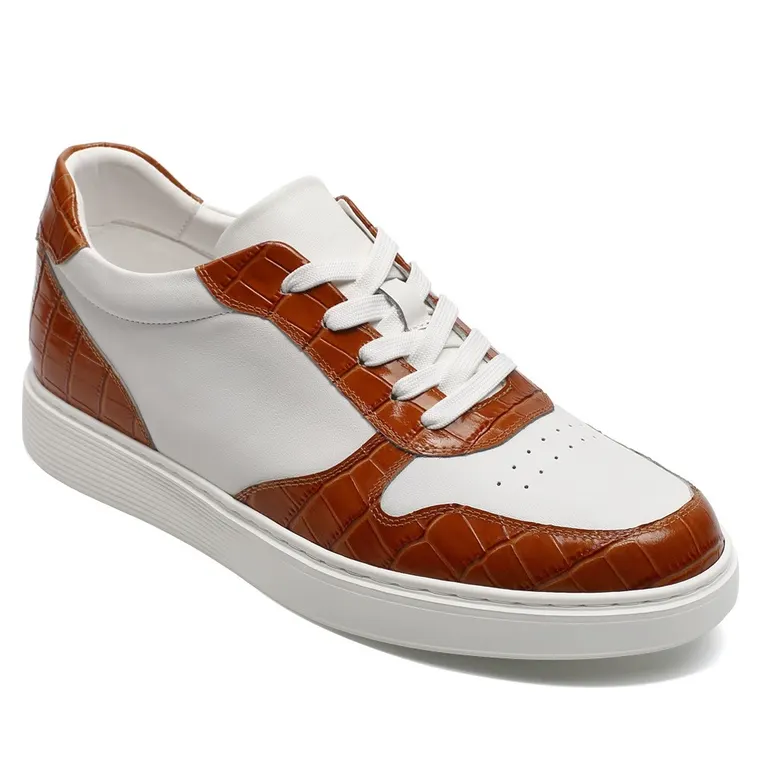 Casual Elevator Shoes For Men - Men's Shoes With Higher Heels - White &amp; Brown Cowhide Leather Shoes 2.36 Inches / 6 CM