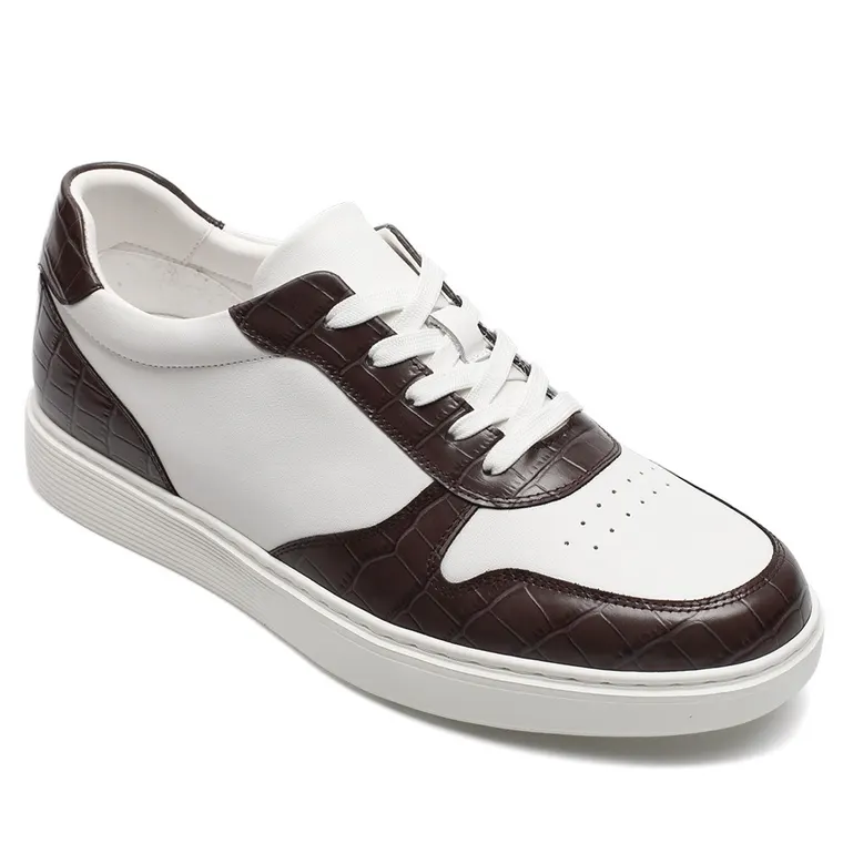 Height Increasing Shoes - White &amp; Coffee Leather Men's Elevator Shoes 2.36 Inches / 6CM