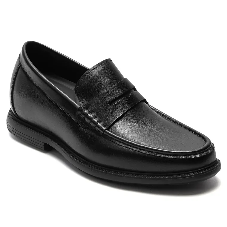 Men's Height Increasing Loafers - Black Soft Leather Business Casual Shoes 7CM / 2.76 Inches