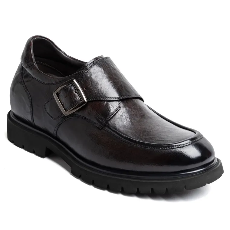 Men's Height Increasing Shoes - Coffee Leather Business Casual Monk Shoes 8CM / 3.15 Inches