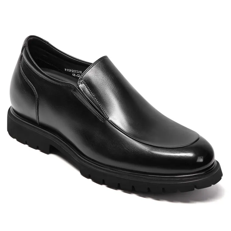 Men's Height Increasing Loafers - Black Leather Slip-On Business Casual Shoes 8CM / 3.15 Inches