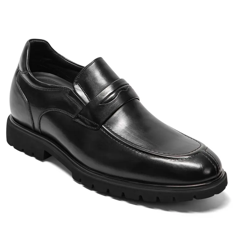 Men's Height Increasing Loafers - Black Leather Business Casual Shoes 8CM