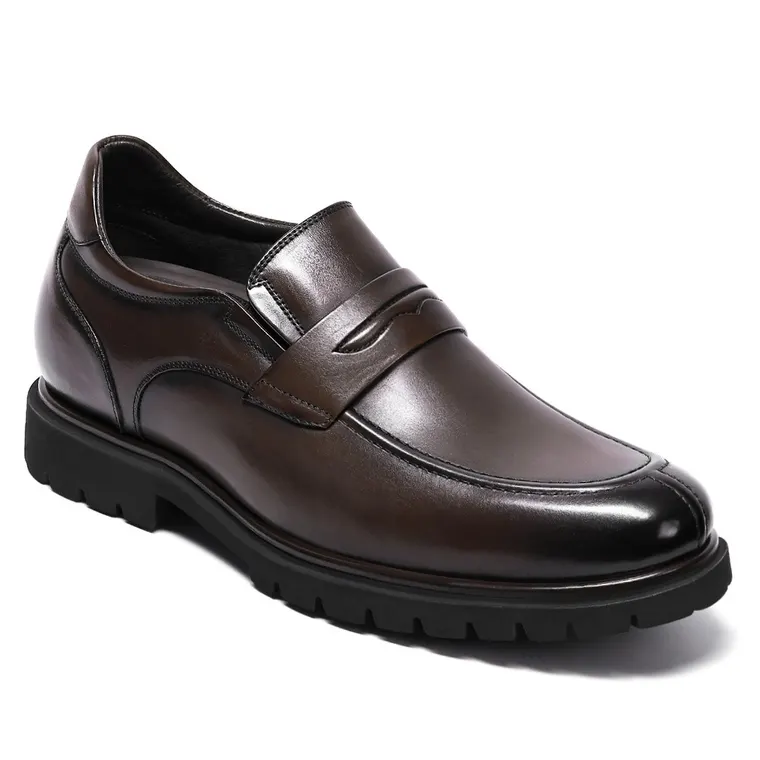 Men's Height Increasing Formal Shoes - Coffee Leather Elevator Loafers 8CM / 3.15 Inches
