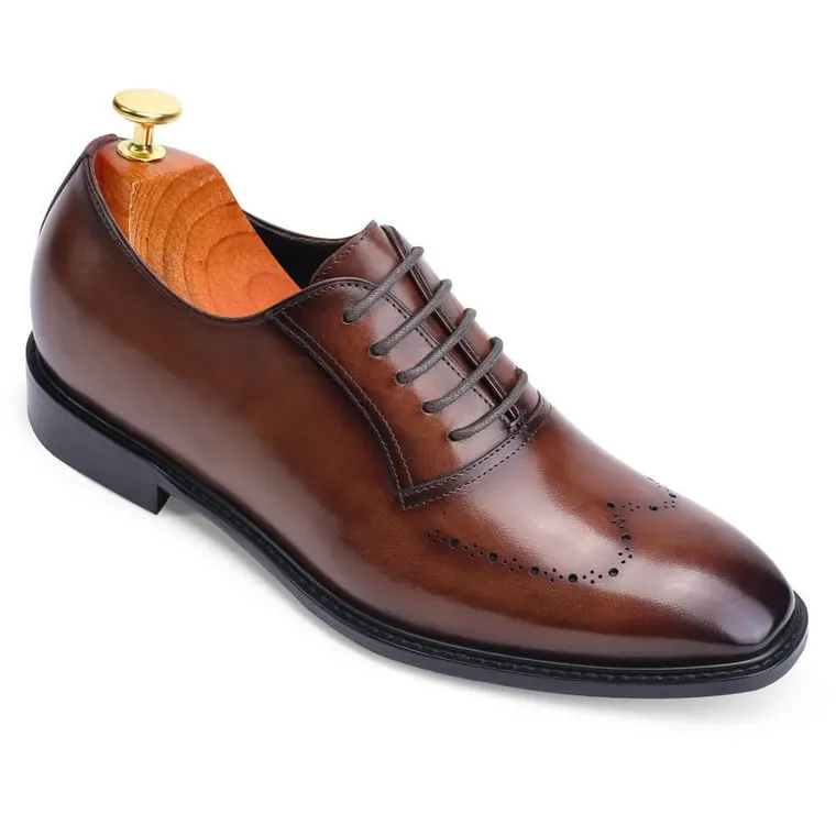 CHAMARIPA height increasing formal shoes - hand painted leather oxfords men - brown - 7CM/2.76inches taller