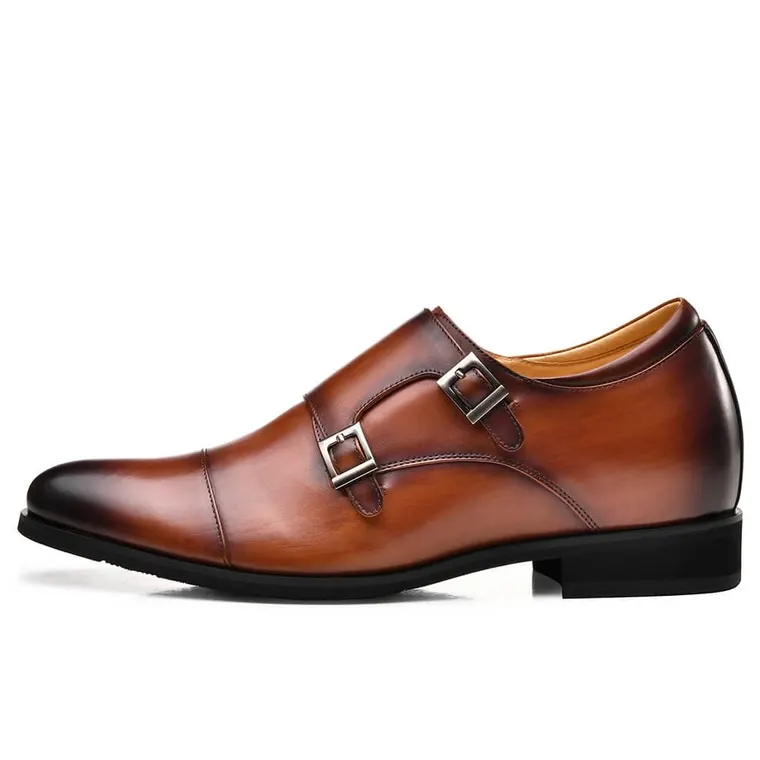 CHAMARIPA men's height increasing monk elevator dress shoes for men brown calfskin leather 7CM / 2.76 Inches