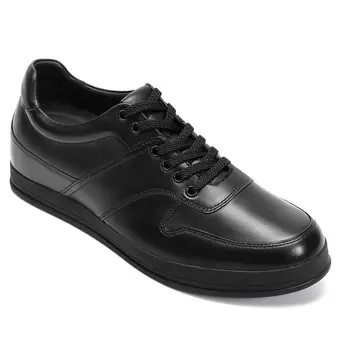 Men's Shoes With Higher Heels - Black Leather Casual Sneakers 5CM / 1.95 Inches