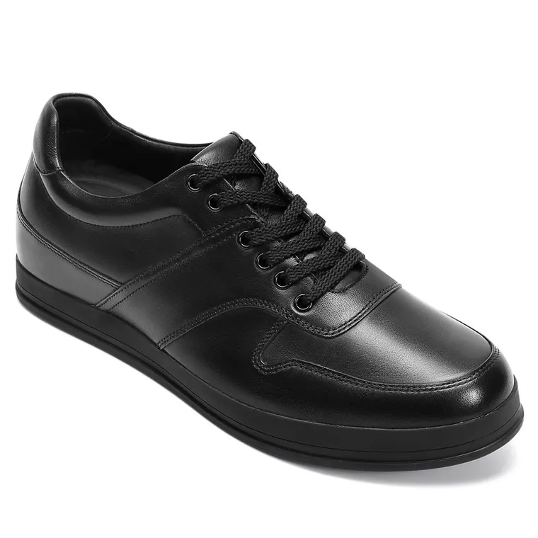 Men's Shoes With Higher Heels - Black Leather Casual Sneakers 5CM / 1.95 Inches