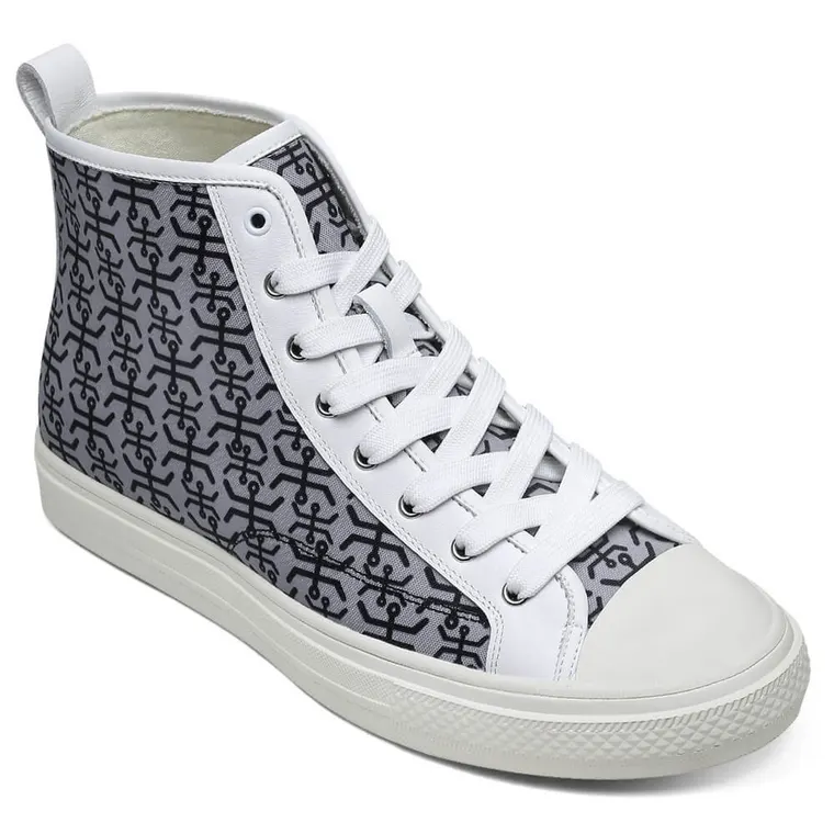 Casual Elevator Shoes For Men - White Leather &amp; Grey Printed Cloth Height Increasing Shoes 2.36 Inches / 6 CM